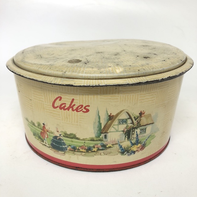 CAKE TIN, Vintage Cream w Thatched Cottage Print
